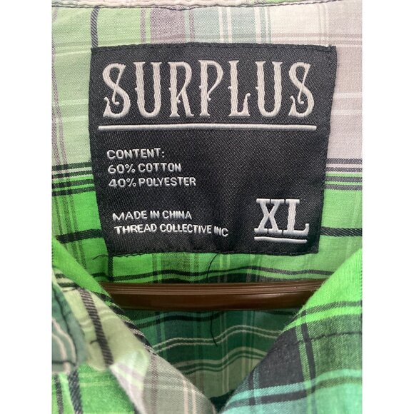 Green & Gray Plaid Button-Up Shirt Surplus XL Casual Long Sleeve Cotton Blend - Picture 2 of 6